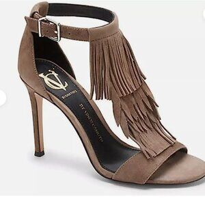 Vince Camuto Signature  Peep Toe Fringe Pump Taupe Suede 10M Boho Western